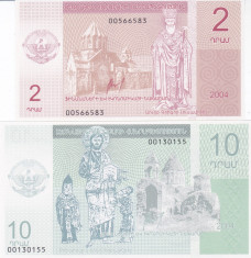 Bancnota Nagorno Karabah 2 si 10 Dram 2004 - PNew UNC ( set x2 bancnote ) foto
