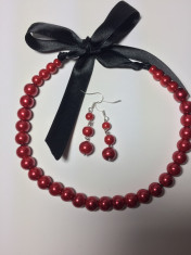 Colier perle rosii si cercei handmade foto