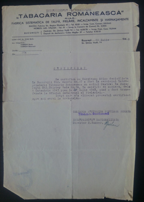 Document cu antet ,,Tabacaria Romaneasca&quot;// 1948
