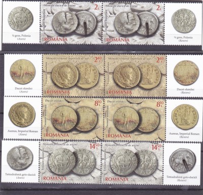 NUMISMATICA MONEDE ANTICE,SERIE IN PERECHE CU VIGNETA,2015,MNH ROMANIA. foto