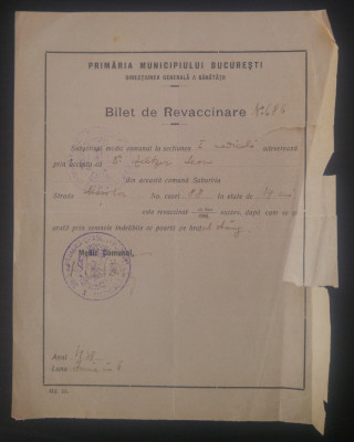 Bilet de revaccinare// Bucuresti, 1938 foto