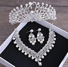 Set diadema + colier + cercei cu perle si cristale tip Swarovski foto