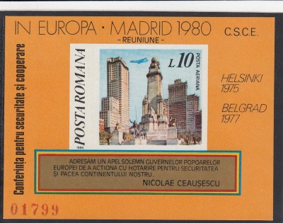 ROMANIA 1980 LP 1019 C.S.C.E. MADRID COLITA NEDANTELATA MNH foto