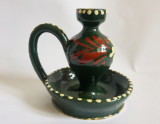 (T) Suport de lumanare ceramic, verde, rustic, emailat, 11 cm, decor floare