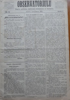 Ziarul Observatorul ; Politic , national si literar , an 1 ,nr. 21 , Sibiu ,1878 foto