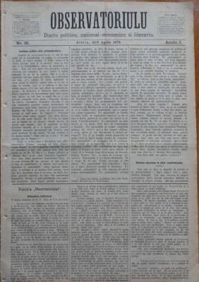 Ziarul Observatorul ; Politic , national si literar , an 1 ,nr. 25 , Sibiu ,1878 foto