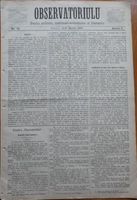 Ziarul Observatorul ; Politic , national si literar , an 1 ,nr. 22 , Sibiu ,1878 foto