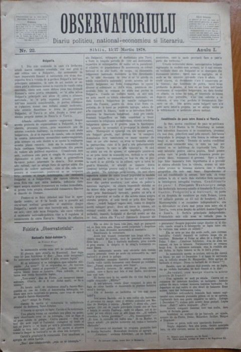 Ziarul Observatorul ; Politic , national si literar , an 1 ,nr. 22 , Sibiu ,1878