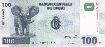 Bancnota Congo 100 Franci 2000 - P92A UNC foto
