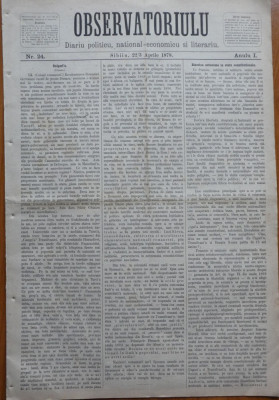 Ziarul Observatorul ; Politic , national si literar , an 1 ,nr. 24 , Sibiu ,1878 foto
