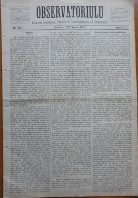 Ziarul Observatorul ; Politic , national si literar , an 1 ,nr. 24 , Sibiu ,1878 foto