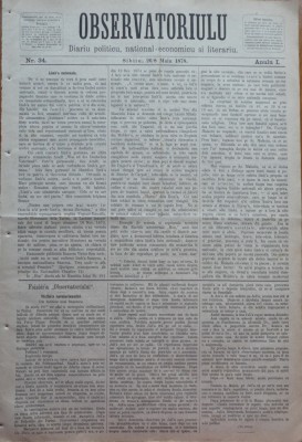 Ziarul Observatorul ; Politic , national si literar , an 1 ,nr. 34 , Sibiu ,1878 foto
