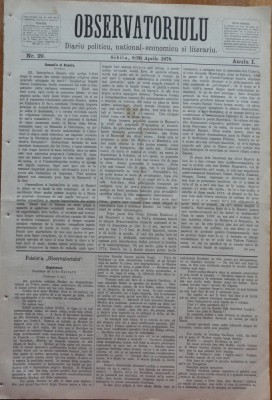 Ziarul Observatorul ; Politic , national si literar , an 1 ,nr. 29 , Sibiu ,1878 foto