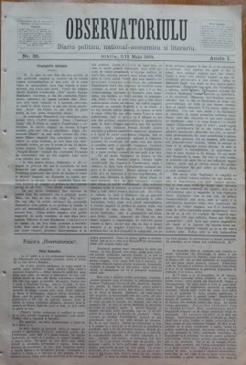 Ziarul Observatorul ; Politic , national si literar , an 1 ,nr. 36 , Sibiu ,1878 foto