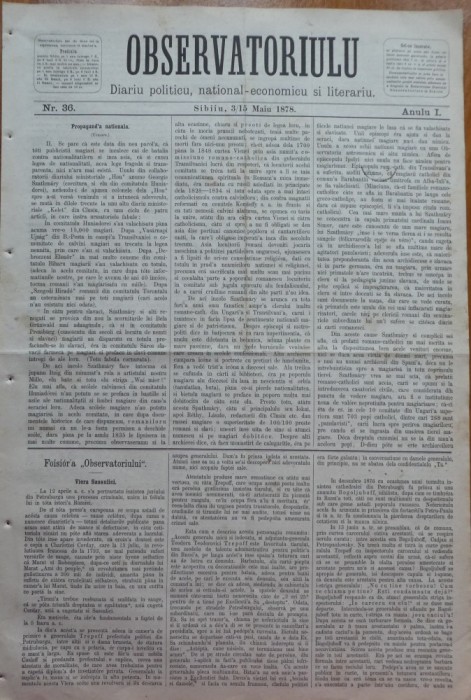 Ziarul Observatorul ; Politic , national si literar , an 1 ,nr. 36 , Sibiu ,1878