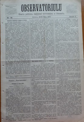 Ziarul Observatorul ; Politic , national si literar , an 1 ,nr. 38 , Sibiu ,1878 foto