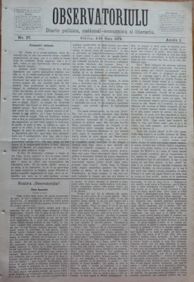 Ziarul Observatorul ; Politic , national si literar , an 1 ,nr. 37 , Sibiu ,1878 foto