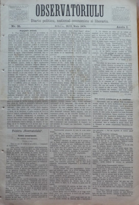 Ziarul Observatorul ; Politic , national si literar , an 1 ,nr. 35 , Sibiu ,1878 foto