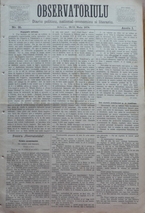 Ziarul Observatorul ; Politic , national si literar , an 1 ,nr. 35 , Sibiu ,1878