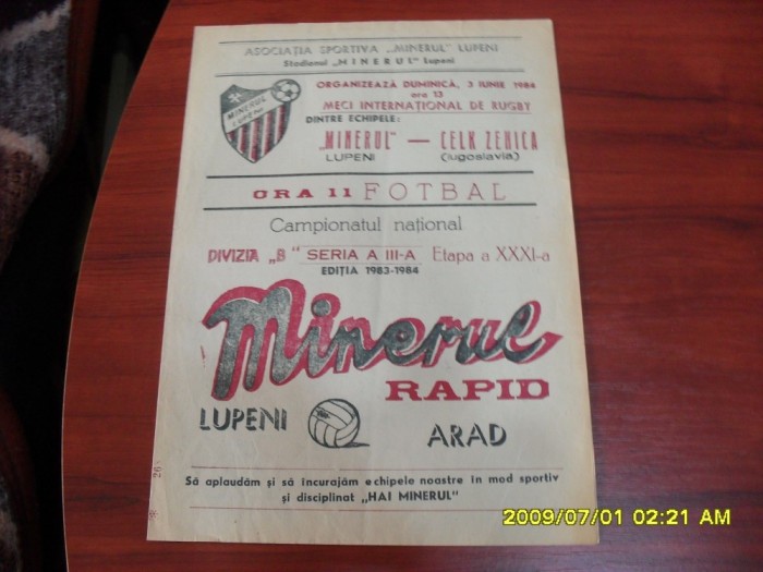 PROGRAM Minerul Lupeni - Rapid Arad