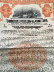 $1000 Aur obligatiune municipala Dortmund Germania 1928 foto