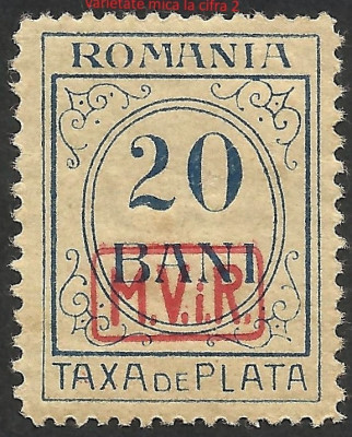 RARISIM VARIETATE-TAXA DE PLATA -SUPRATIPAR IN CASETA CU CIFRA 2 MICA 1918 MNH foto