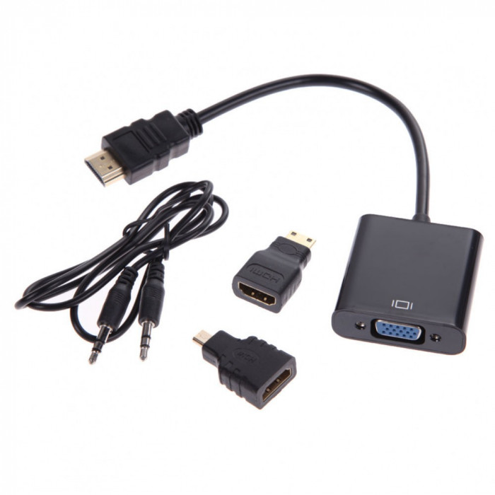 Convertor activ HDMI la VGA + cablu audio + adaptor MICRO / MINI HDMI