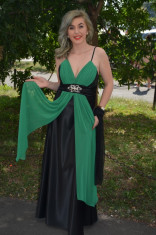 Rochie din saten negru cu detalii din voal verde, model lung (Culoare: NEGRU-VERDE, Marime: 38) foto