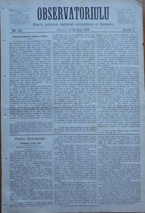 Ziarul Observatorul ; Politic , national si literar , an 1 ,nr. 40 , Sibiu ,1878