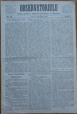 Ziarul Observatorul ; Politic , national si literar , an 1 ,nr. 42 , Sibiu ,1878 foto