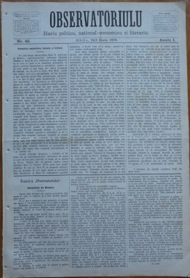 Ziarul Observatorul ; Politic , national si literar , an 1 ,nr. 42 , Sibiu ,1878 foto