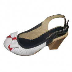 Sandale clasice, din piele naturala, cu fundita si toc mediu (Culoare: ALB-BLEUMARIN-ROSU, Marime: 36) foto