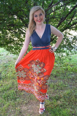 Rochie maxi, de culoare bleumarin-rosu (Culoare: ROSU-BLEUMARIN, Marime: 38) foto