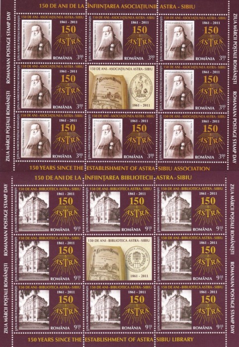 2011 LP1908 d ZIUA MARCII POSTALE BIBLIOTECA ASTRA SIBIU 2 MINICOLI 8TB+1VG MNH