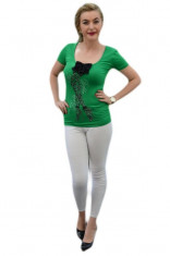 Tricou cu maneca scurta, verde cu insertie de strasuri si margele (Culoare: VERDE, Marime: M-38) foto