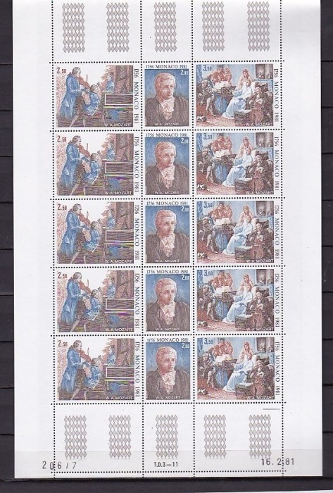 MONACO 1981 - ANIVERSARI. MUZICA CLASICA. MOZART, BLOC NESTAMPILAT, SD137