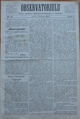 Ziarul Observatorul ; Politic , national si literar , an 1 ,nr. 46 , Sibiu ,1878 foto