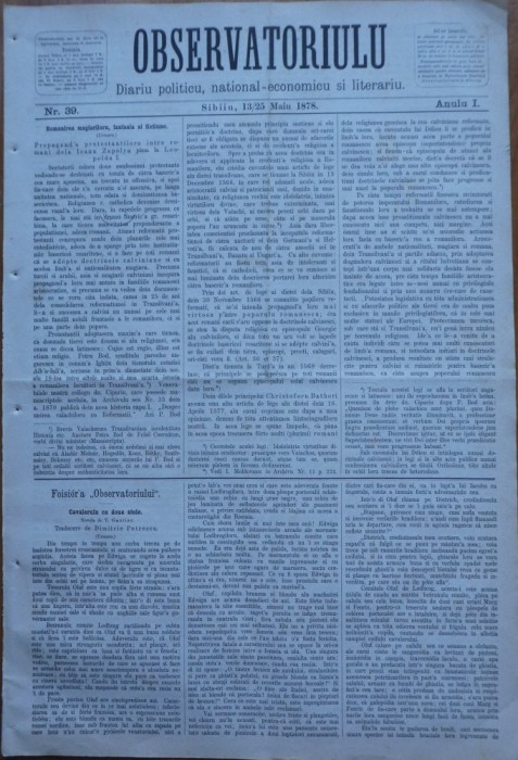 Ziarul Observatorul ; Politic , national si literar , an 1 ,nr. 39 , Sibiu ,1878