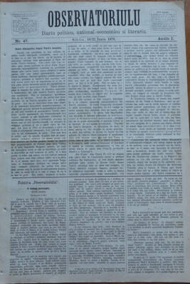 Ziarul Observatorul ; Politic , national si literar , an 1 ,nr. 47 , Sibiu ,1878 foto