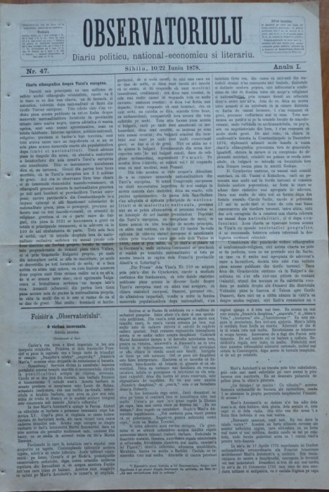 Ziarul Observatorul ; Politic , national si literar , an 1 ,nr. 47 , Sibiu ,1878