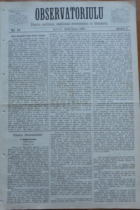 Ziarul Observatorul ; Politic , national si literar , an 1 ,nr. 47 , Sibiu ,1878