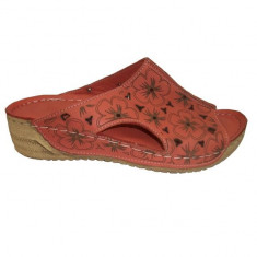Papuc de vara din piele moale, corai, cu model floral imprimat (Culoare: CORAI, Marime: 38) foto