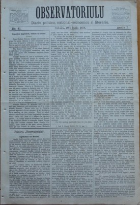 Ziarul Observatorul ; Politic , national si literar , an 1 ,nr. 41 , Sibiu ,1878 foto