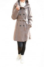 Palton din stofa cu gluga, de culoare nisipie, pentru toamna-iarna (Culoare: NISIPIU, Marime: L-40) foto