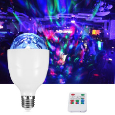 Bec proiector disco LED 3W, E27, rotativ, RGB, senzor sunet, telecomanda foto