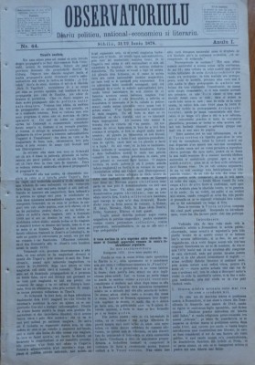 Ziarul Observatorul ; Politic , national si literar , an 1 ,nr. 44 , Sibiu ,1878 foto