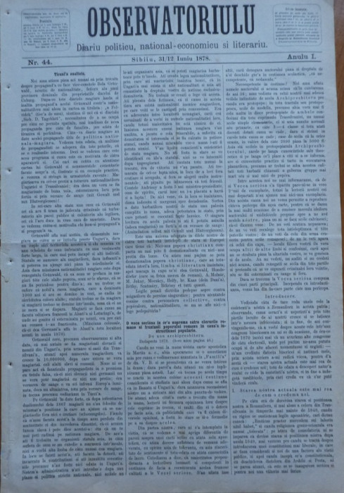 Ziarul Observatorul ; Politic , national si literar , an 1 ,nr. 44 , Sibiu ,1878