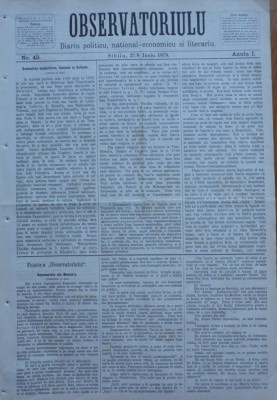 Ziarul Observatorul ; Politic , national si literar , an 1 ,nr. 43 , Sibiu ,1878 foto