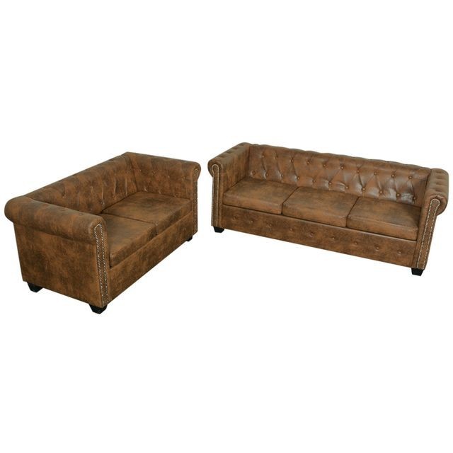 Set canapele cu 2 ?i 3 locuri Chesterfield, maro foto mare Set canapele cu 2 ?i 3 locuri Chesterfield, maro foto mare