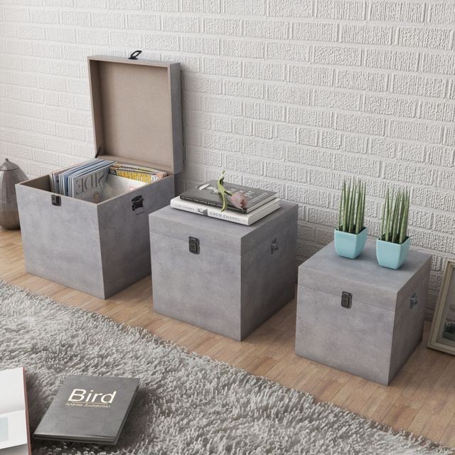 Cutii pătrate de depozitare din MDF, Gri beton, 3 buc. foto mare Cutii pătrate de depozitare din MDF, Gri beton, 3 buc. foto mare